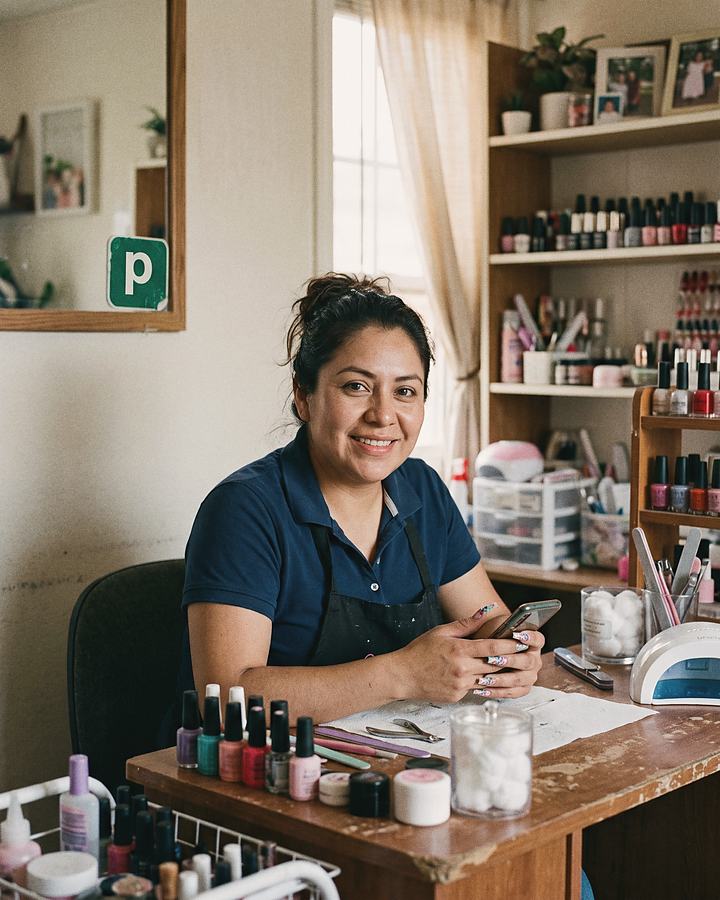 Manicurista en su estudio de uñas, con su teléfono y sus esmaltes sobre la mesa de trabajo