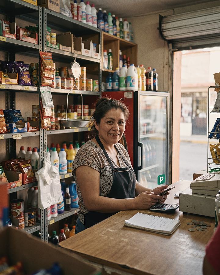 Tendera atendiendo el mostrador de su tienda de abarrotes, con su libreta de cuentas y su teléfono a la mano